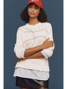 Pilcro Anthropologie Layered Twofer Cable Knit Crew Neck Sweater Large Cream